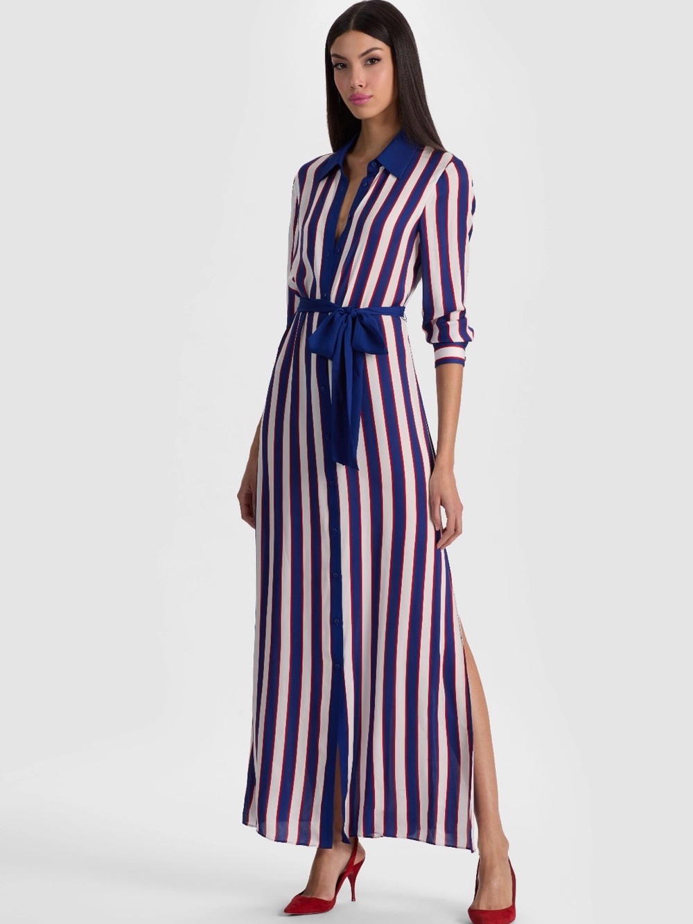 Alice + Olivia Chassidy Maxi Shirt Dress Nouveau Stripe Twilight Blue Sz L NWT